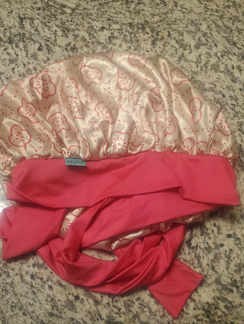 Rev AIR Pink Satin Floral Sleep Bonnet with Coral Tie